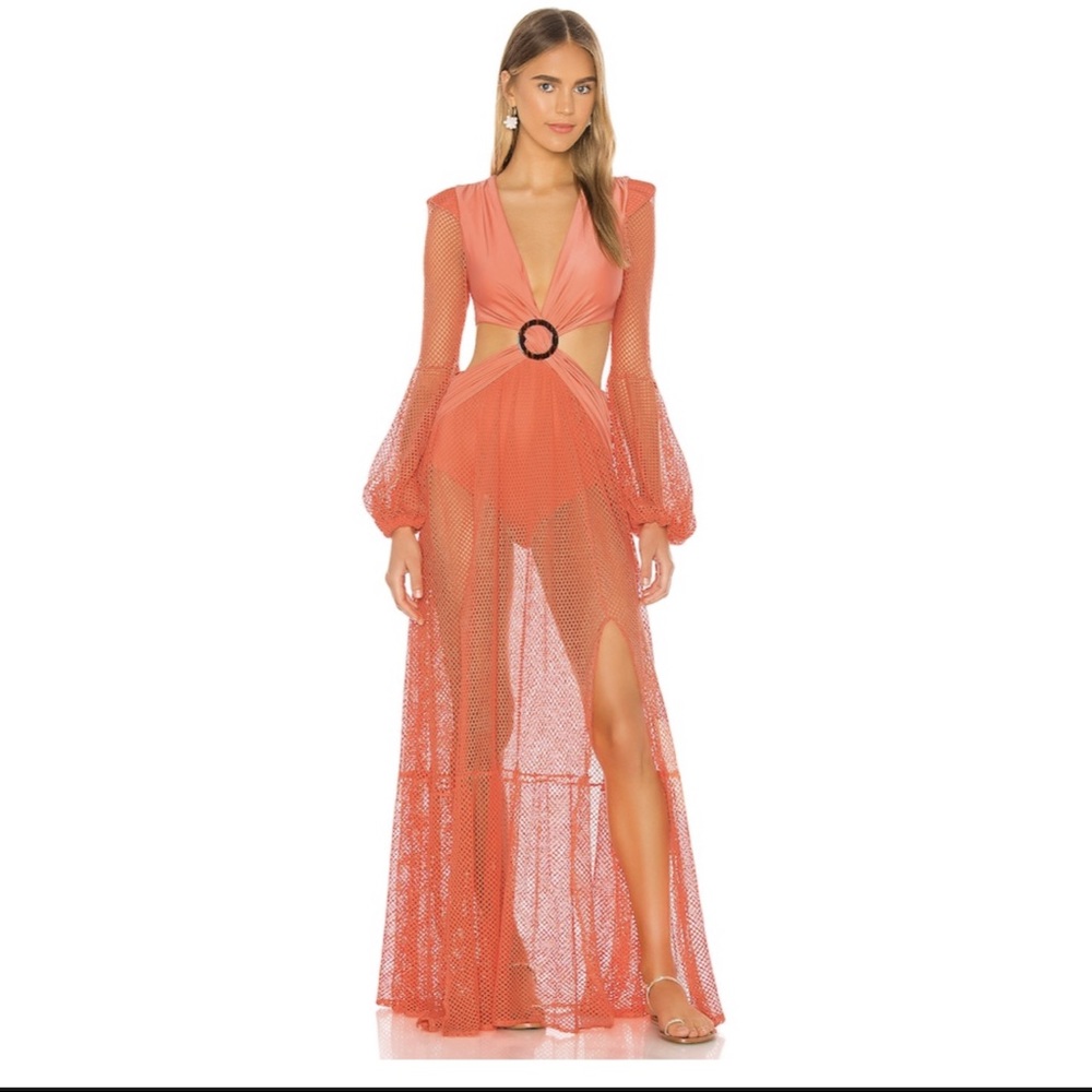 PATBO Long Sleeve Mesh Beach Dress in Neon Coral